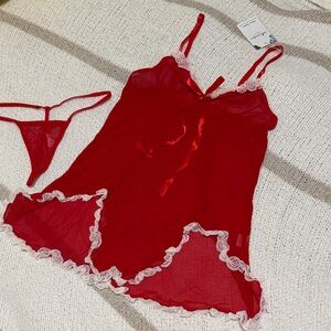 Red Lace-Trim Chemise & Thong Set - Unbranded